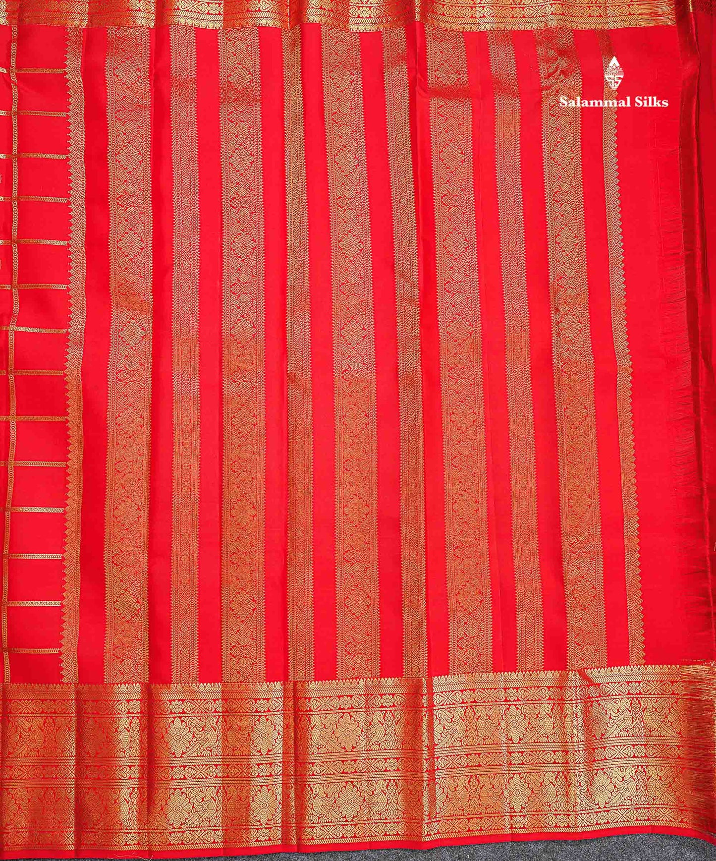 Pure Kanjivaram Silk Saree - Chilly Red Colour Body Checks With Butta & Traditional Long Border