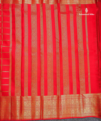 Pure Kanjivaram Silk Saree - Chilly Red Colour Body Checks With Butta & Traditional Long Border