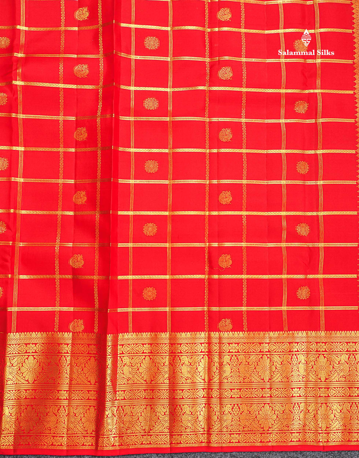 Pure Kanjivaram Silk Saree - Chilly Red Colour Body Checks With Butta & Traditional Long Border