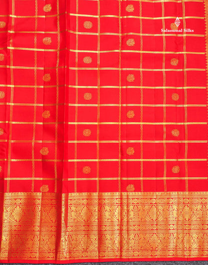Pure Kanjivaram Silk Saree - Chilly Red Colour Body Checks With Butta & Traditional Long Border