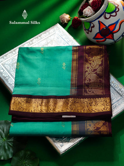 Sapphire Green 9.5 Yards Semi Silk Cotton Saree With Contrast Dark Brown Traditional Border