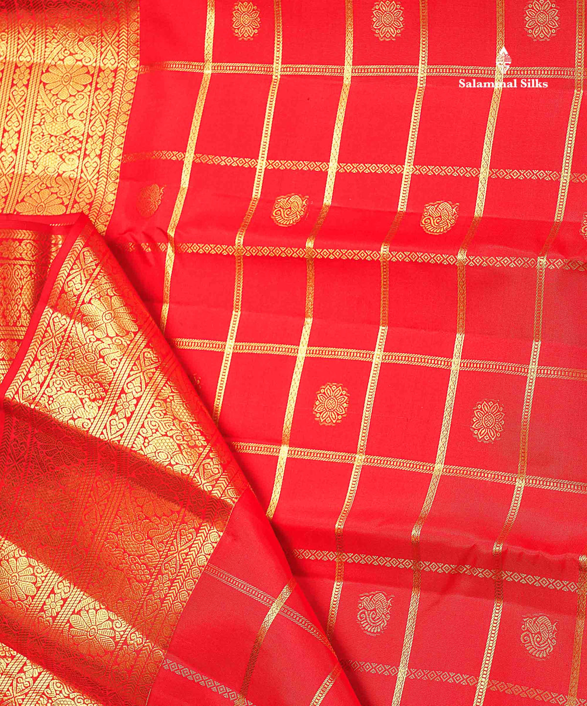 Pure Kanjivaram Silk Saree - Chilly Red Colour Body Checks With Butta & Traditional Long Border
