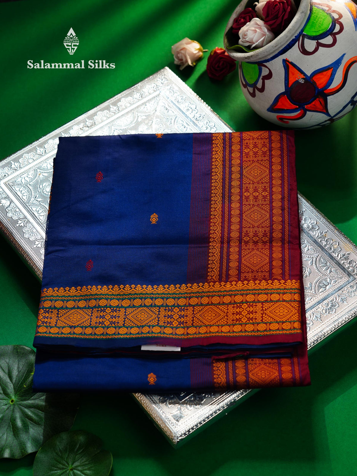Beautiful Navy Blue Thread Work Buttas Semi Silk Cotton Saree With Maroon Blouse