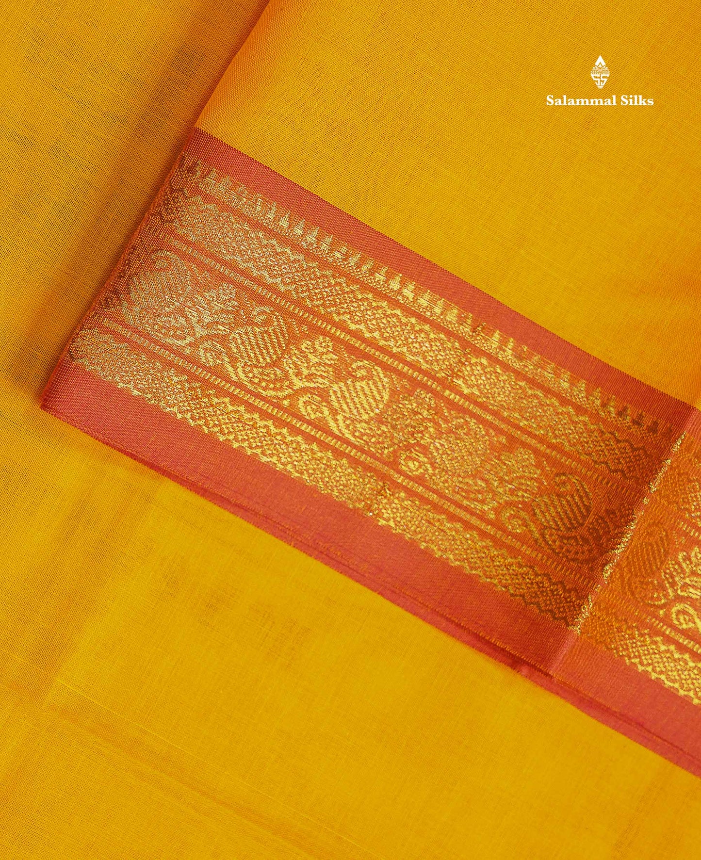 Beautiful Yellow Plain Pure Cotton Saree With Contrast Orange Traditional Border