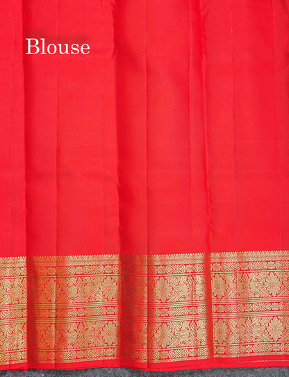 Pure Kanjivaram Silk Saree - Chilly Red Colour Body Checks With Butta & Traditional Long Border