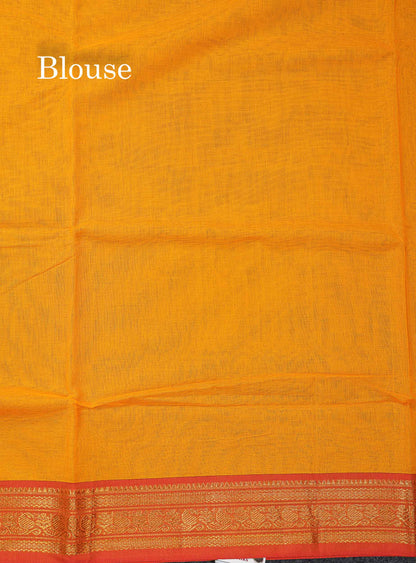 Beautiful Yellow Plain Pure Cotton Saree With Contrast Orange Traditional Border