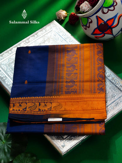 Beautiful Navy Blue Thread Work Buttas Semi Silk Cotton Saree With Mustard Yellow Blouse