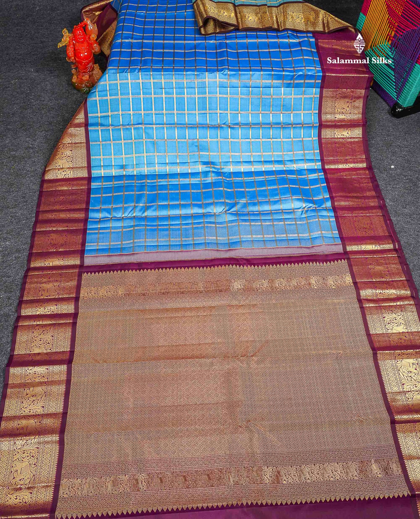 Pure Kanjivaram Silk Saree - Light Blue Colour Body Checks & Contrast Magenta Traditional Border