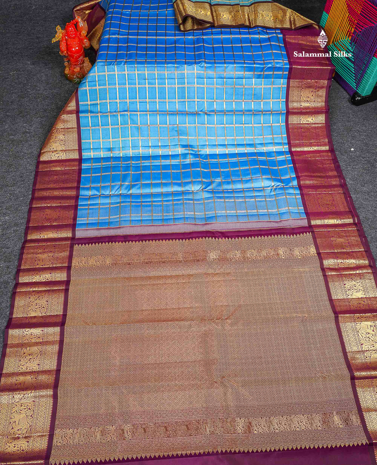 Pure Kanjivaram Silk Saree - Light Blue Colour Body Checks & Contrast Magenta Traditional Border