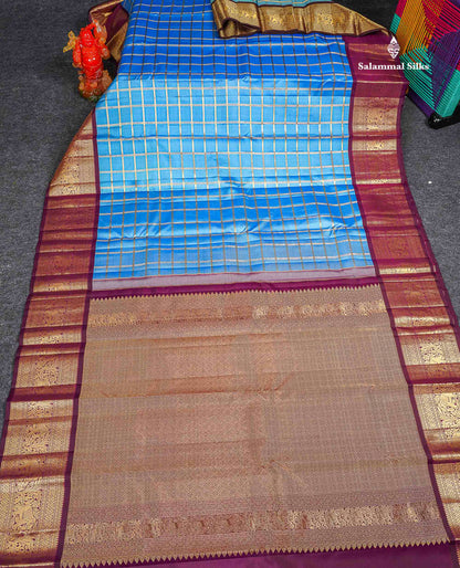 Pure Kanjivaram Silk Saree - Light Blue Colour Body Checks & Contrast Magenta Traditional Border