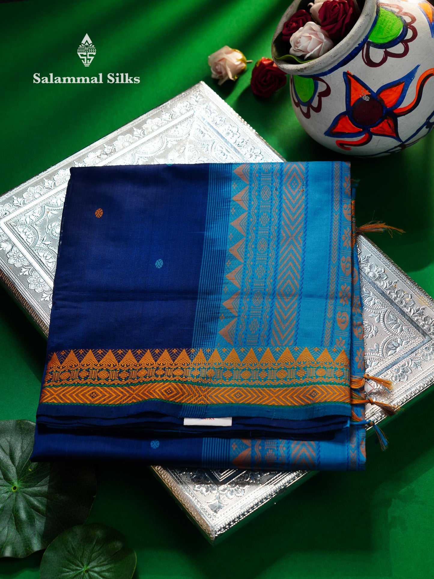 Beautiful Navy Blue Thread Work Buttas Semi Silk Cotton Saree With Yellow Thread Border