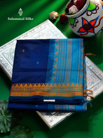 Beautiful Navy Blue Thread Work Buttas Semi Silk Cotton Saree With Yellow Thread Border