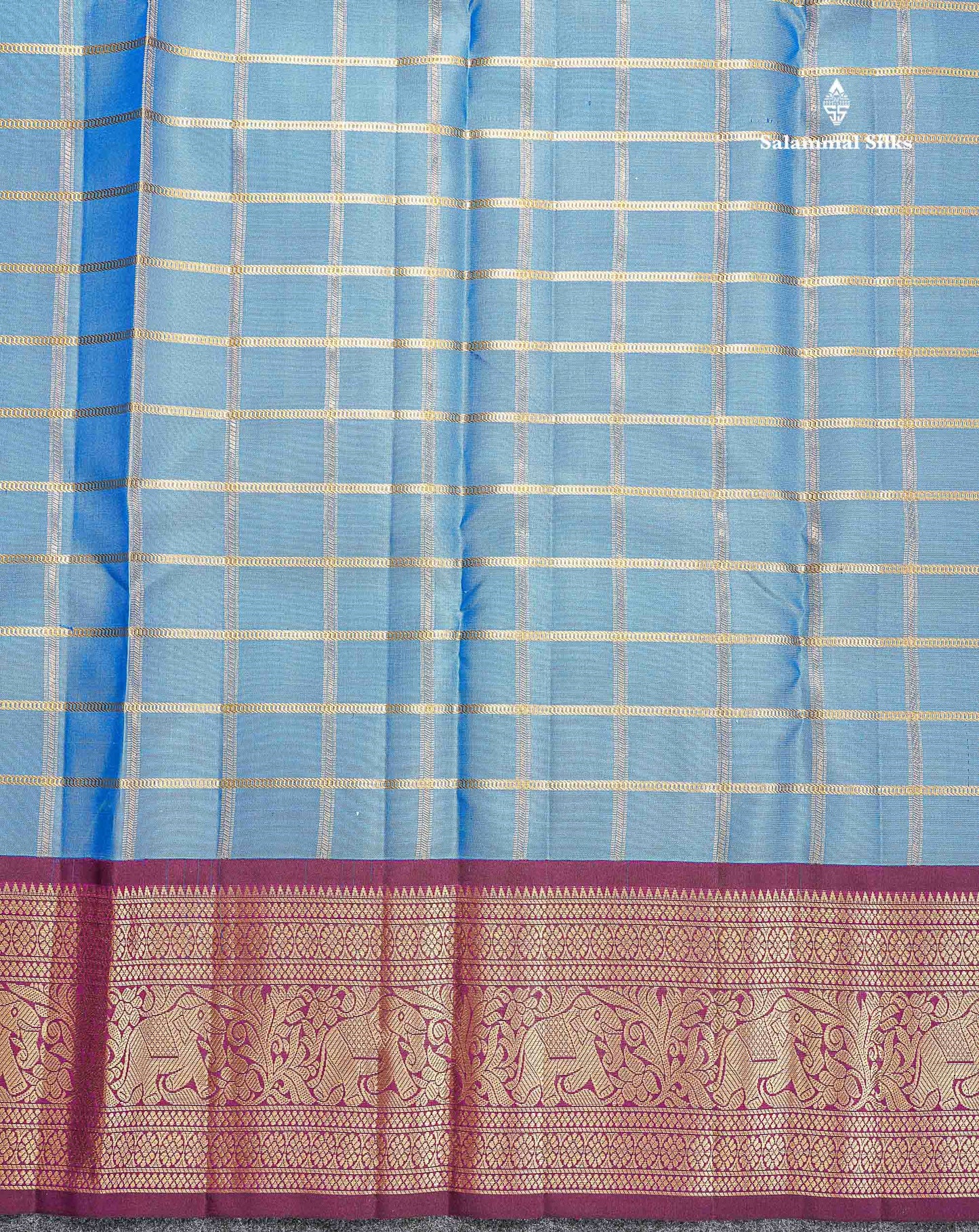 Pure Kanjivaram Silk Saree - Light Blue Colour Body Checks & Contrast Magenta Traditional Border