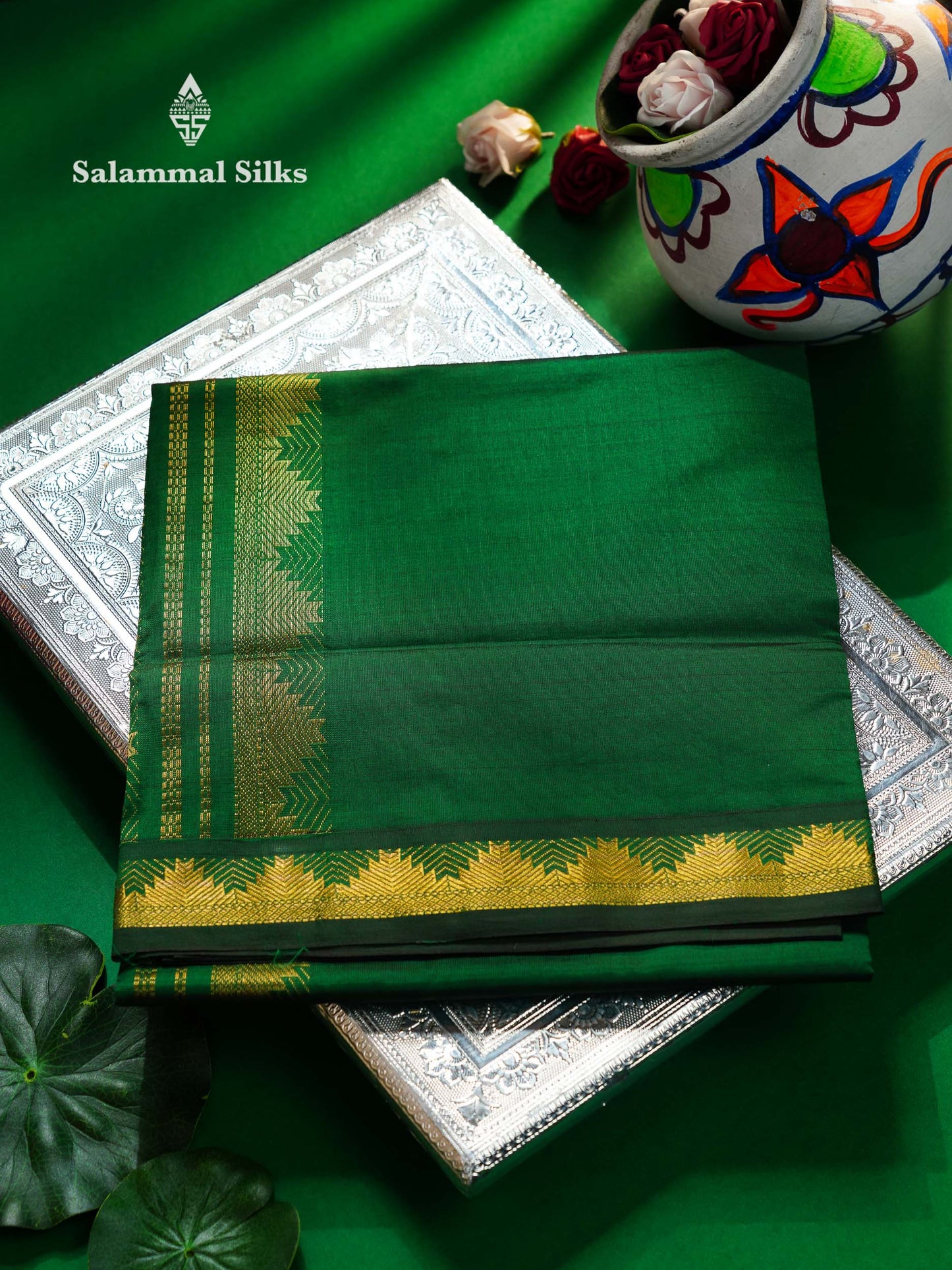 Beautiful Bottle Green Plain Semi Silk Cotton Saree With Small Temple Border
