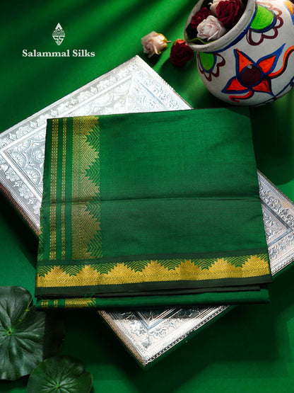 Beautiful Bottle Green Plain Semi Silk Cotton Saree With Small Temple Border