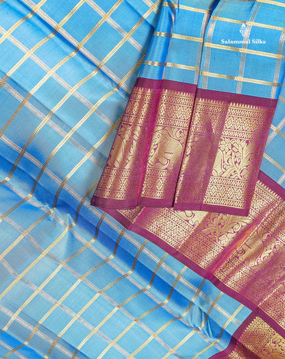 Pure Kanjivaram Silk Saree - Light Blue Colour Body Checks & Contrast Magenta Traditional Border