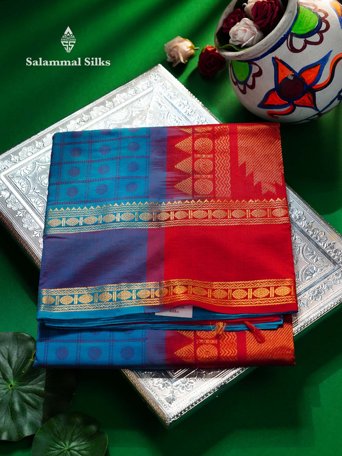 Beautiful Sapphire Green Checks With Butta Semi Silk Cotton Saree With Contrast Violet Blouse