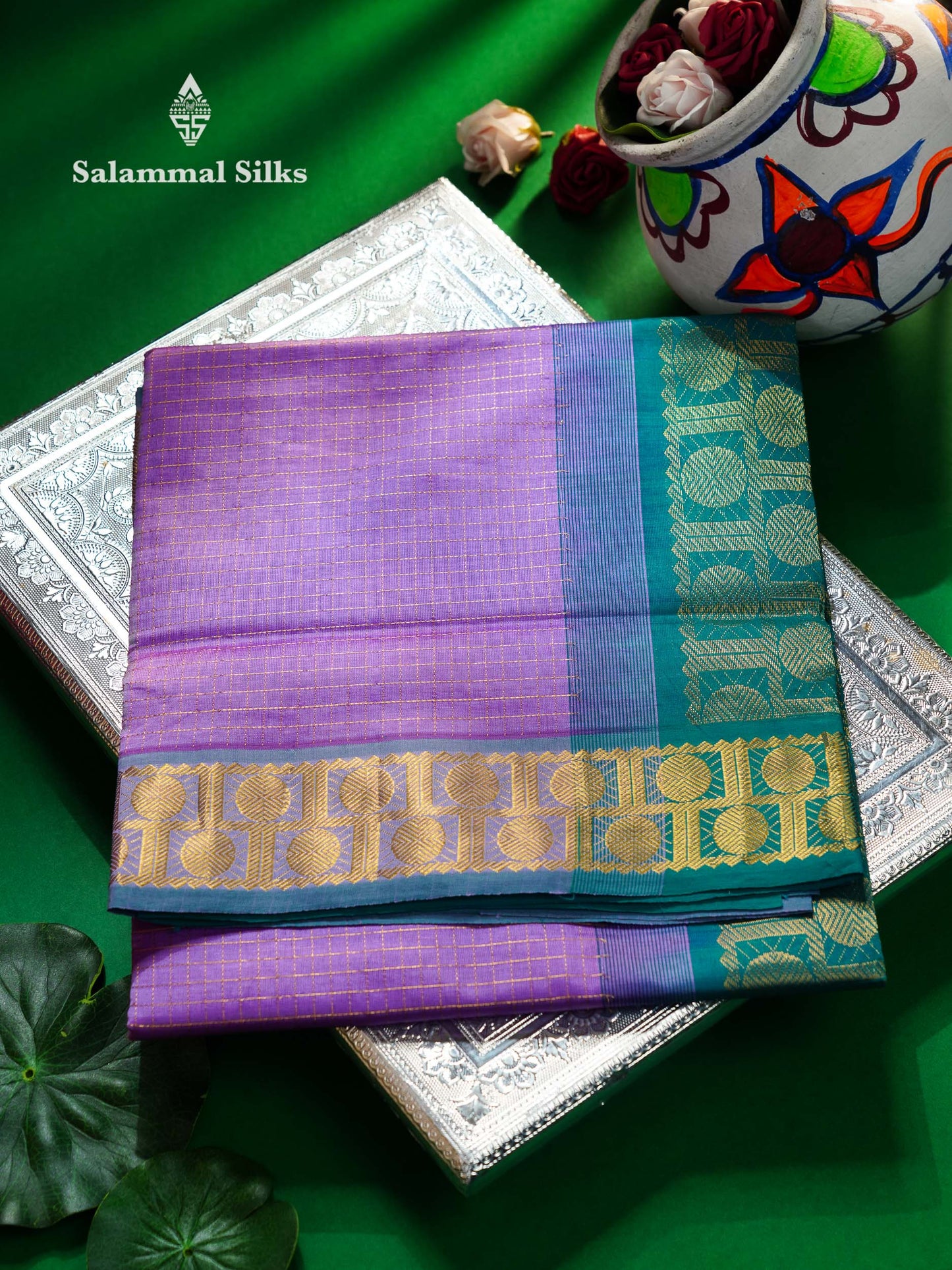 Beautiful Lavender Traditional Checks Semi Silk Cotton Saree With Sapphire Green Border