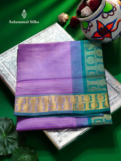 Beautiful Lavender Traditional Checks Semi Silk Cotton Saree With Sapphire Green Border