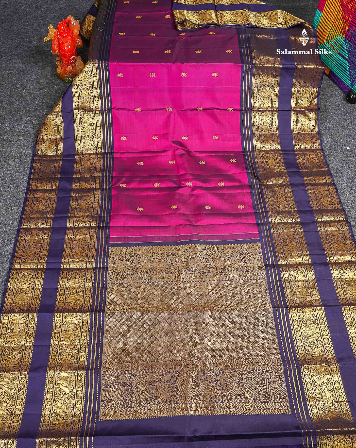 Pure Kanjivaram Silk Saree - Magenta Colour Body Butta With Contrast Navy Blue Traditional Long Border