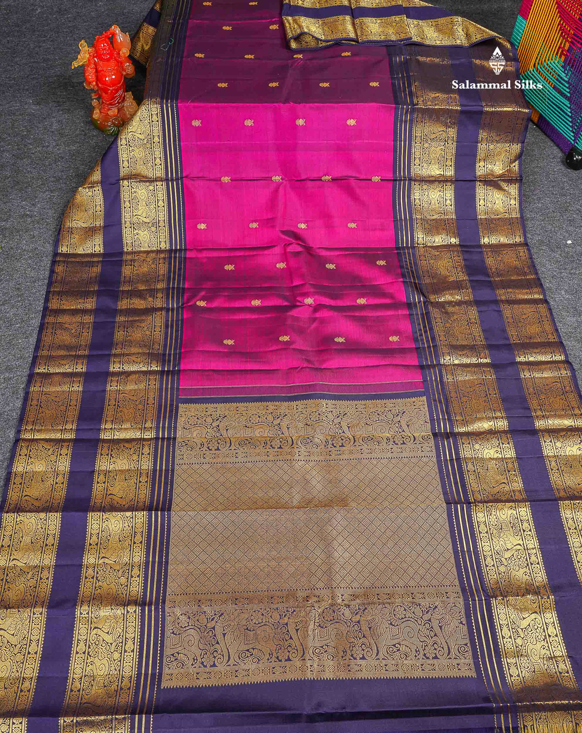 Pure Kanjivaram Silk Saree - Magenta Colour Body Butta With Contrast Navy Blue Traditional Long Border