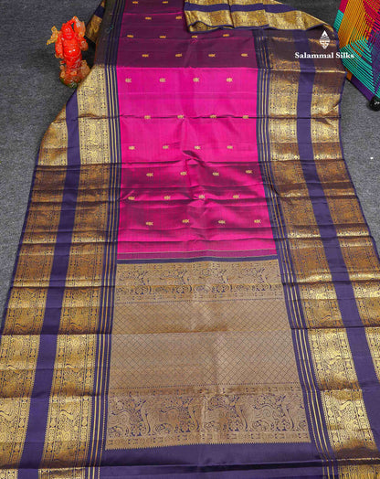 Pure Kanjivaram Silk Saree - Magenta Colour Body Butta With Contrast Navy Blue Traditional Long Border