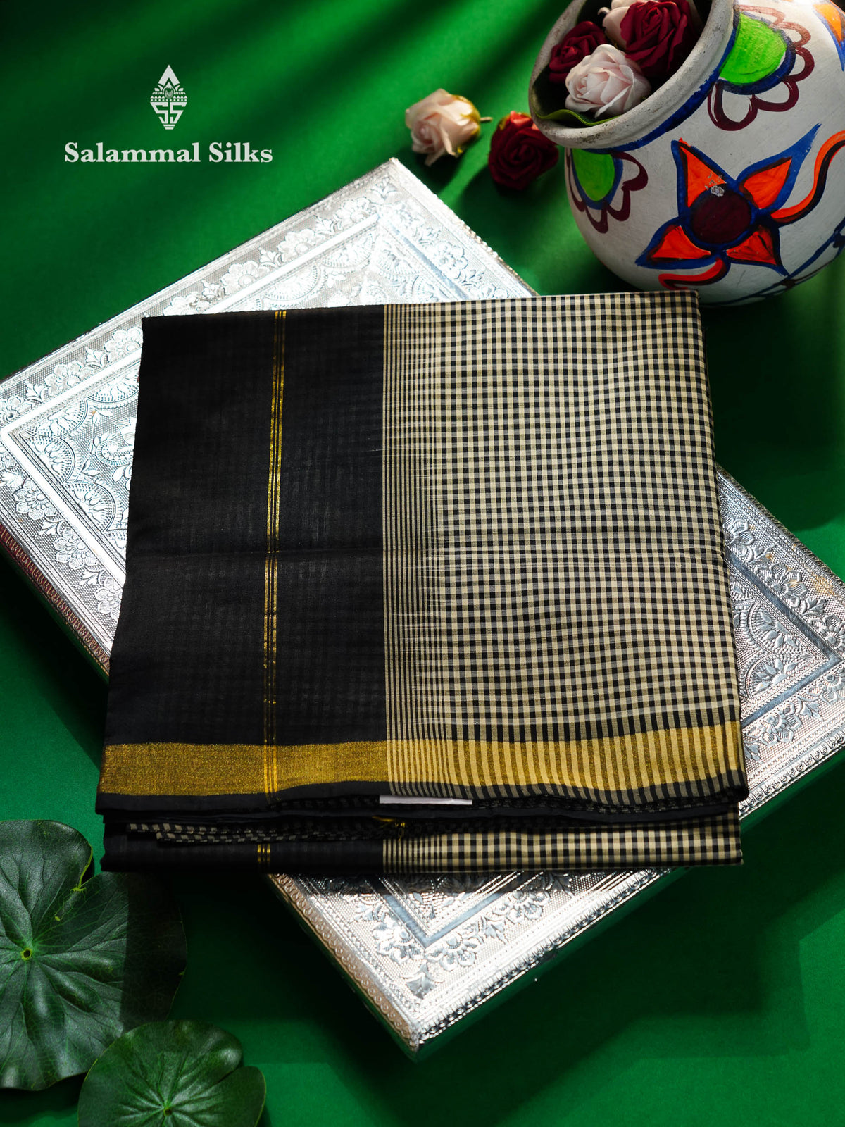 Beautiful Black & White Tiny Checks Semi Silk Cotton Saree With Contrast Black Blouse