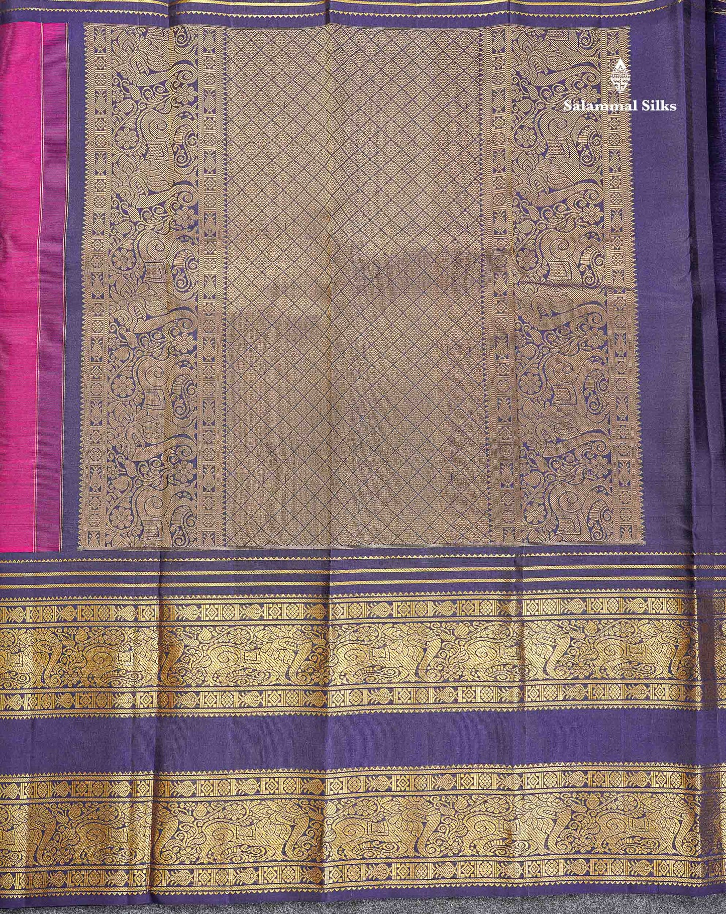 Pure Kanjivaram Silk Saree - Magenta Colour Body Butta With Contrast Navy Blue Traditional Long Border
