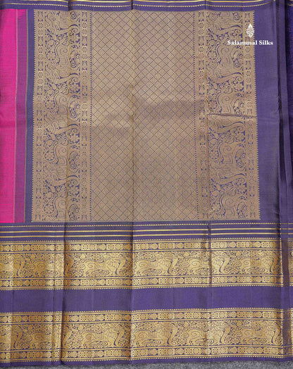 Pure Kanjivaram Silk Saree - Magenta Colour Body Butta With Contrast Navy Blue Traditional Long Border