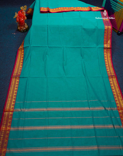Beautiful Dual Tone Blue Plain Pure Cotton Saree With Contrast Red Traditional Border