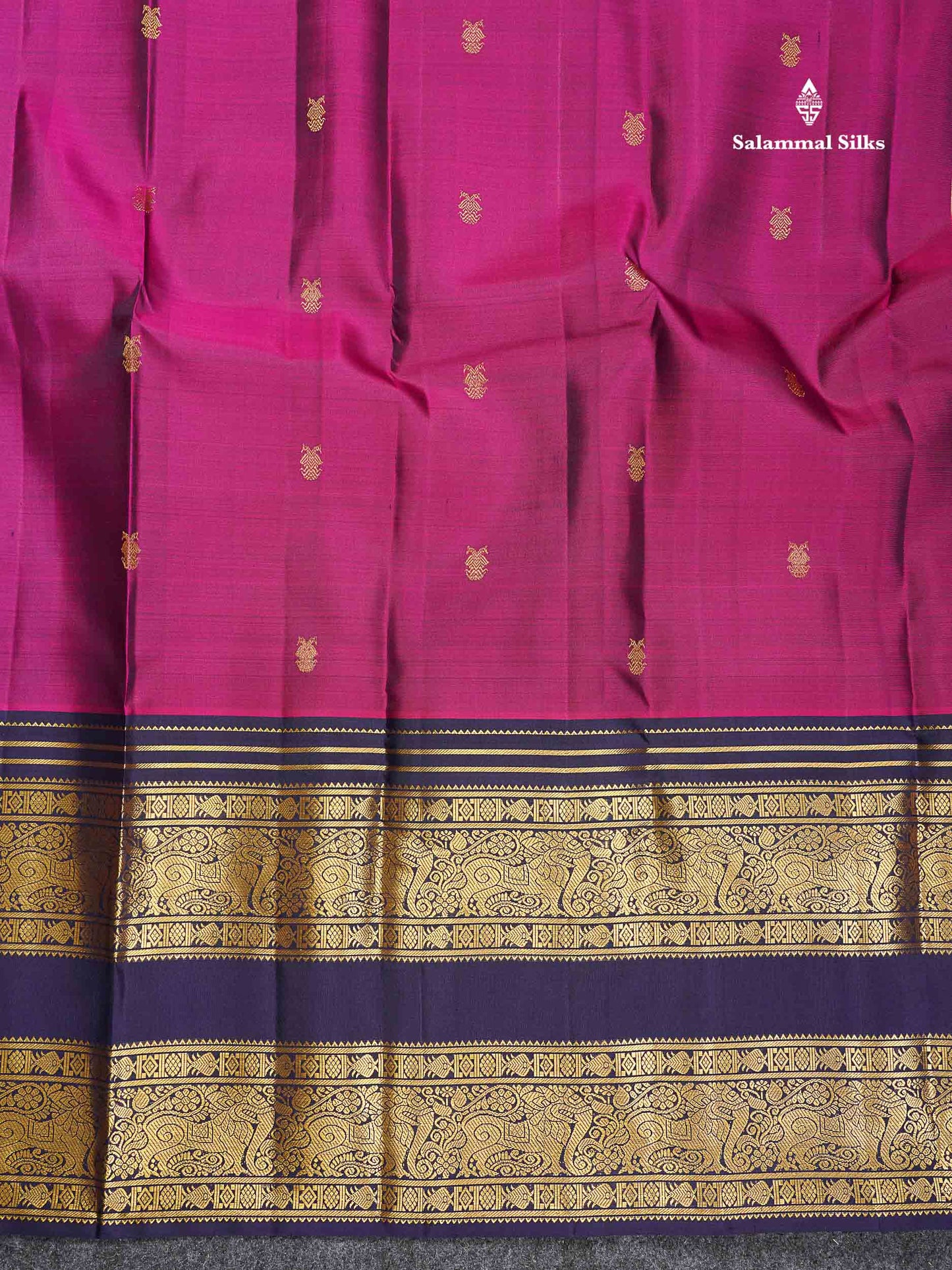 Pure Kanjivaram Silk Saree - Magenta Colour Body Butta With Contrast Navy Blue Traditional Long Border