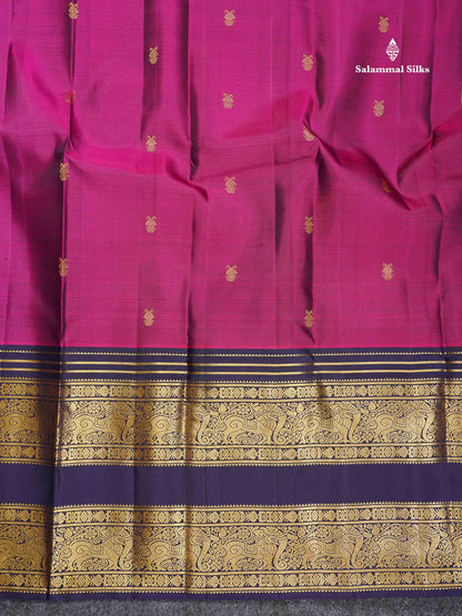 Pure Kanjivaram Silk Saree - Magenta Colour Body Butta With Contrast Navy Blue Traditional Long Border