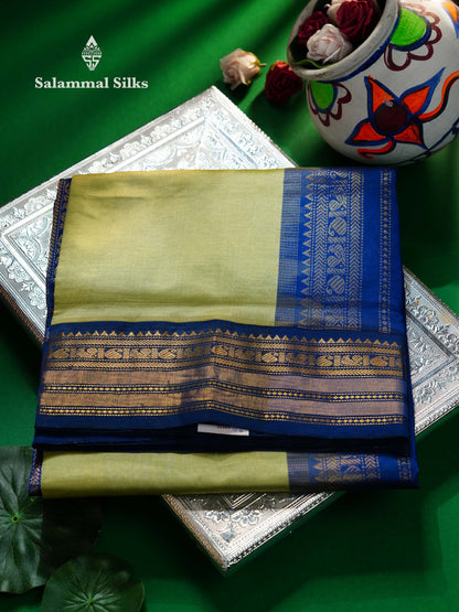 Pista Green Plain 10 Yards Semi Silk Cotton Saree With Contrast Navy Blue Traditional Border