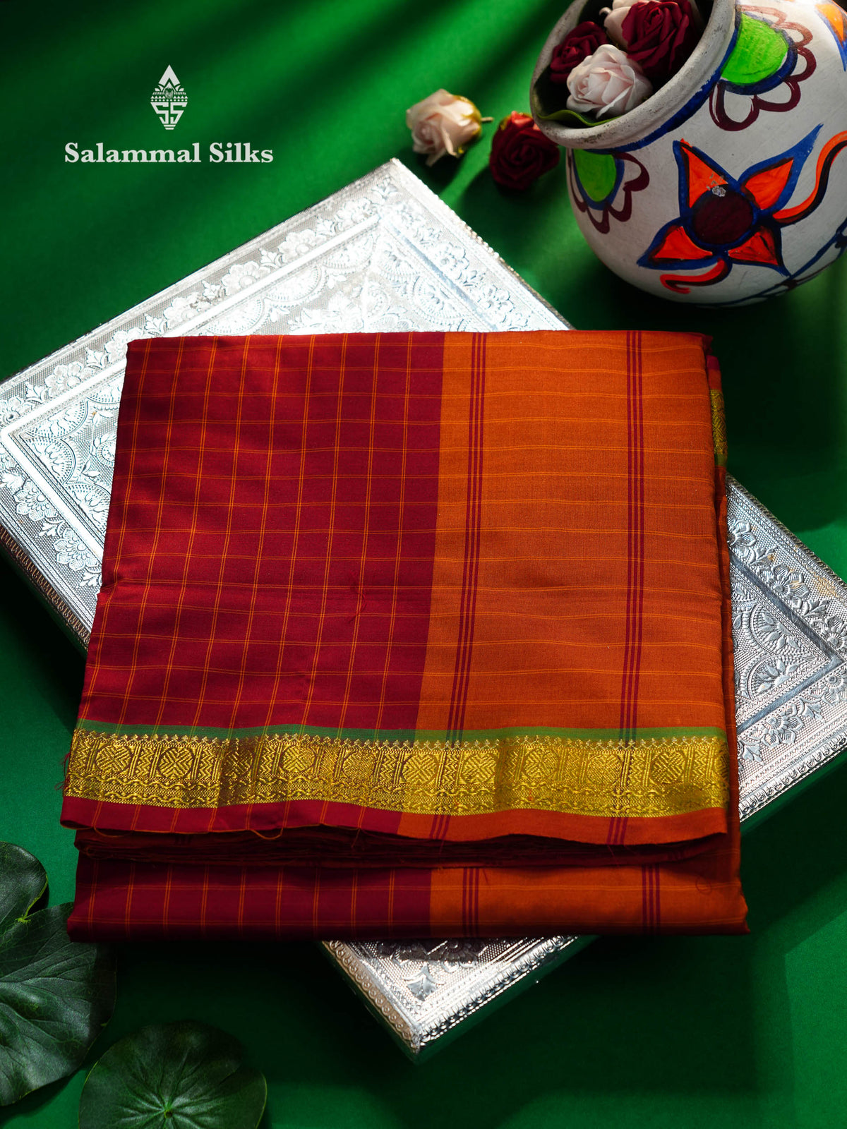 Beautiful Maroon Small Thread Checks 10 Yards Semi Silk Cotton Saree With Traditional Border