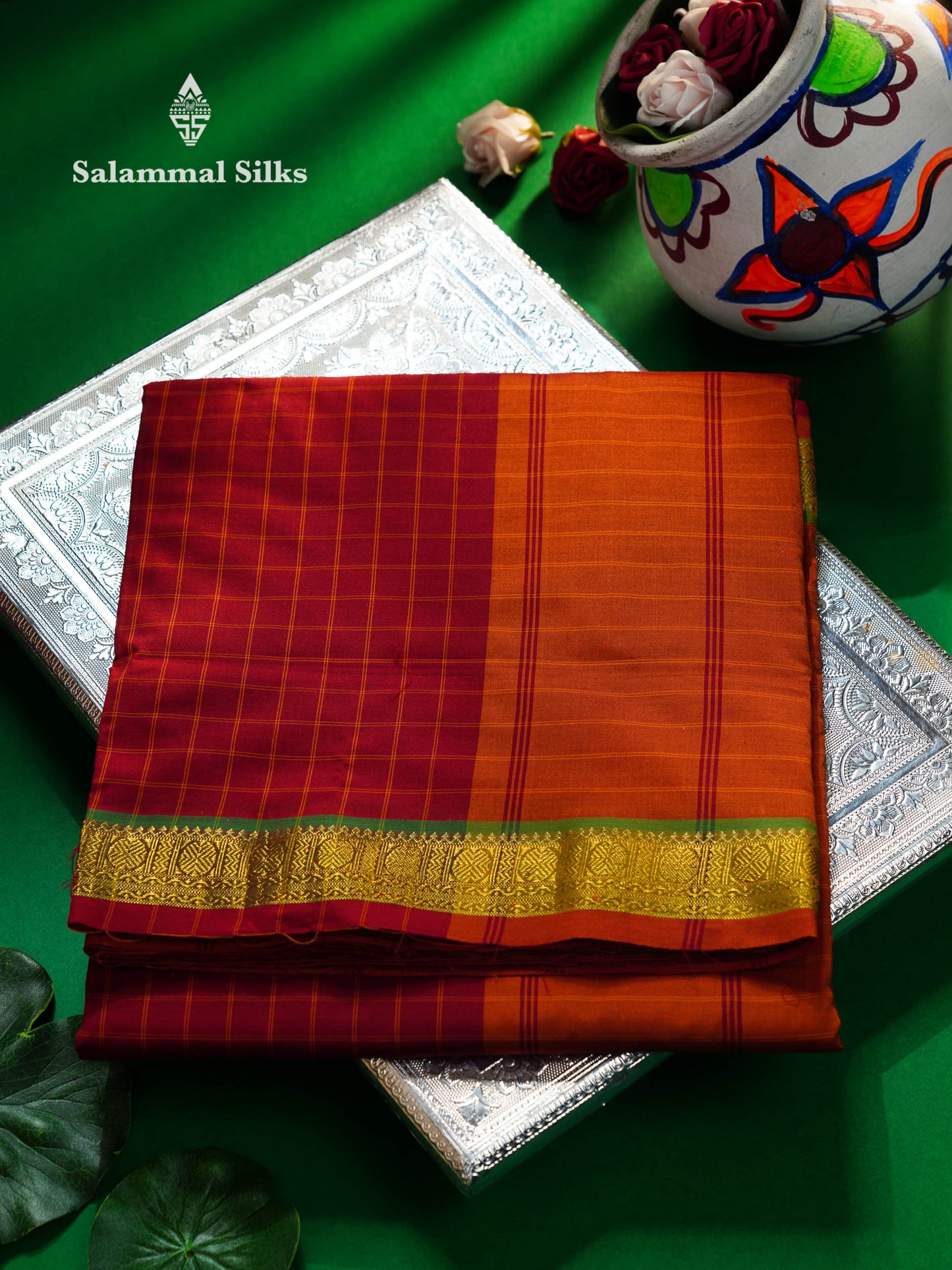 Beautiful Maroon Small Thread Checks 10 Yards Semi Silk Cotton Saree With Traditional Border