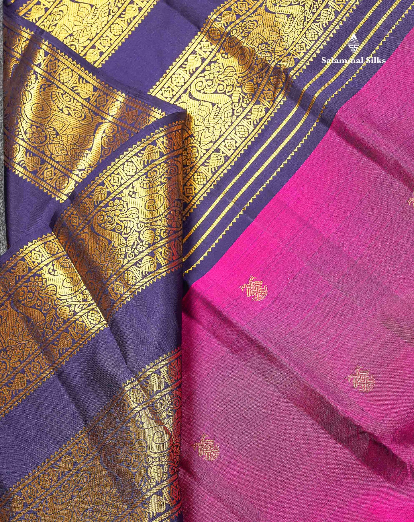 Pure Kanjivaram Silk Saree - Magenta Colour Body Butta With Contrast Navy Blue Traditional Long Border
