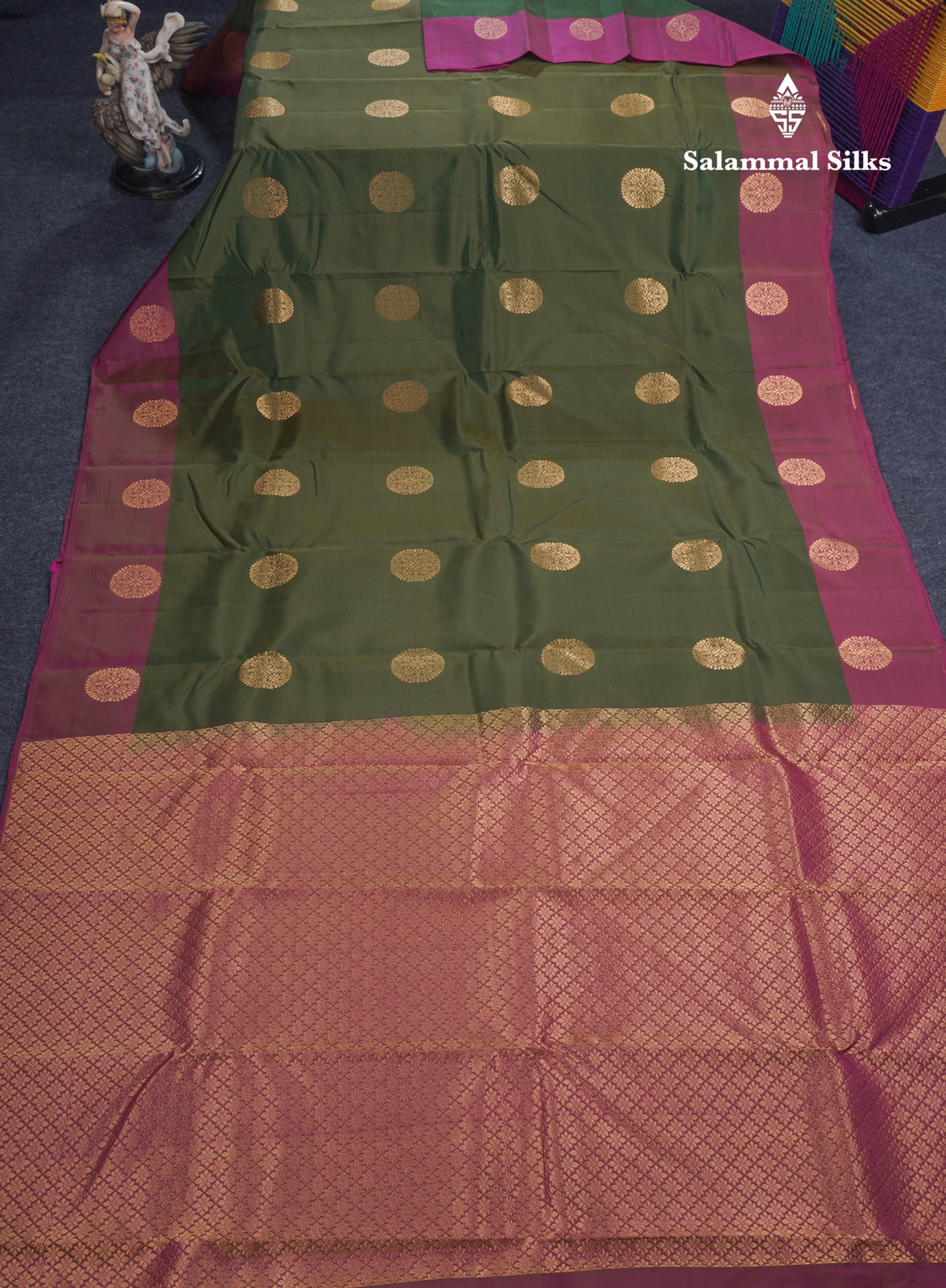 Olive Green Puremix Silk Saree With Contrast Magenta Fancy Border