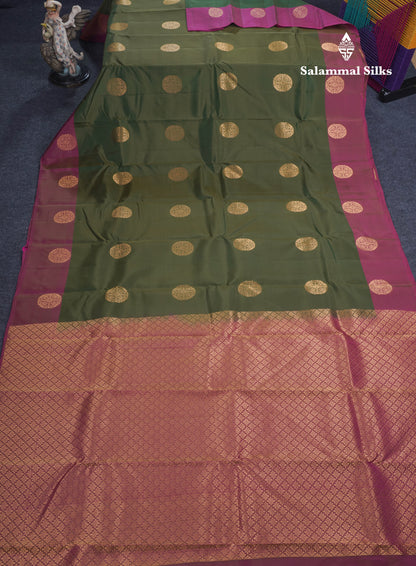 Olive Green Puremix Silk Saree With Contrast Magenta Fancy Border