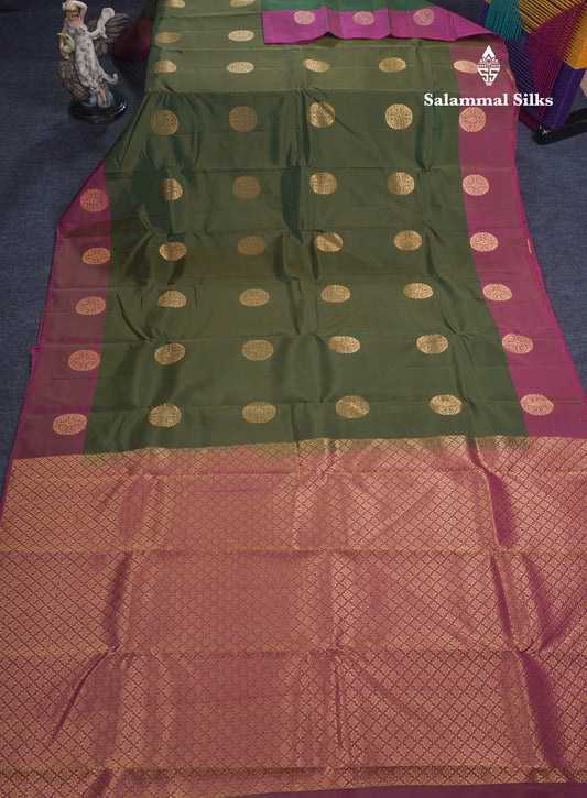 Olive Green Puremix Silk Saree With Contrast Magenta Fancy Border