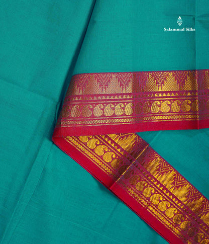 Beautiful Dual Tone Blue Plain Pure Cotton Saree With Contrast Red Traditional Border