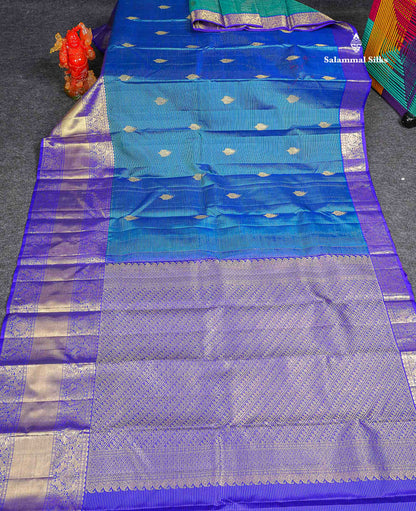 Pure Kanjivaram Silk Saree - Peacock Blue Colour Body Zari Lines With Butta & Contrast Violet Traditional Evening Morning Border 