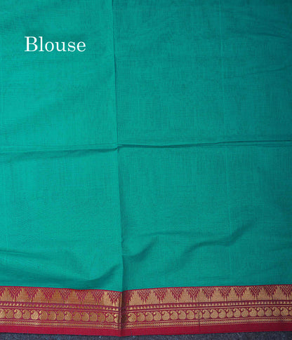 Beautiful Dual Tone Blue Plain Pure Cotton Saree With Contrast Red Traditional Border