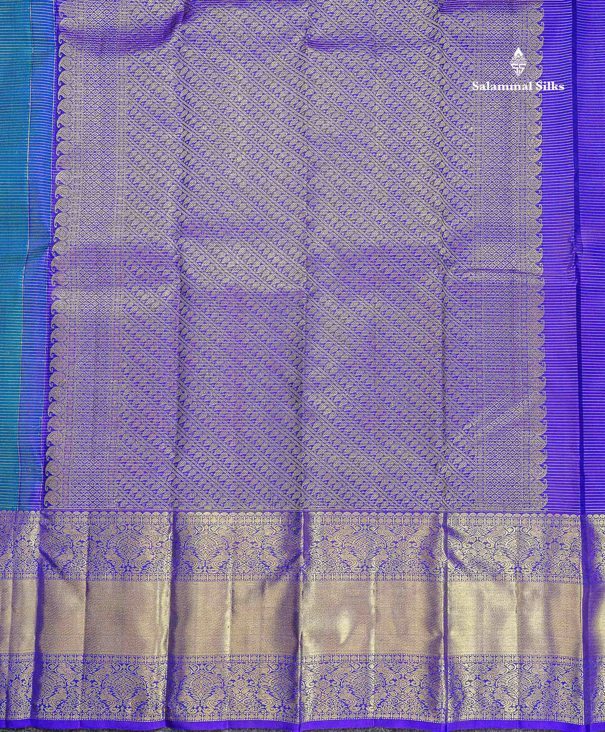 Pure Kanjivaram Silk Saree - Peacock Blue Colour Body Zari Lines With Butta & Contrast Violet Traditional Evening Morning Border