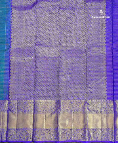 Pure Kanjivaram Silk Saree - Peacock Blue Colour Body Zari Lines With Butta & Contrast Violet Traditional Evening Morning Border