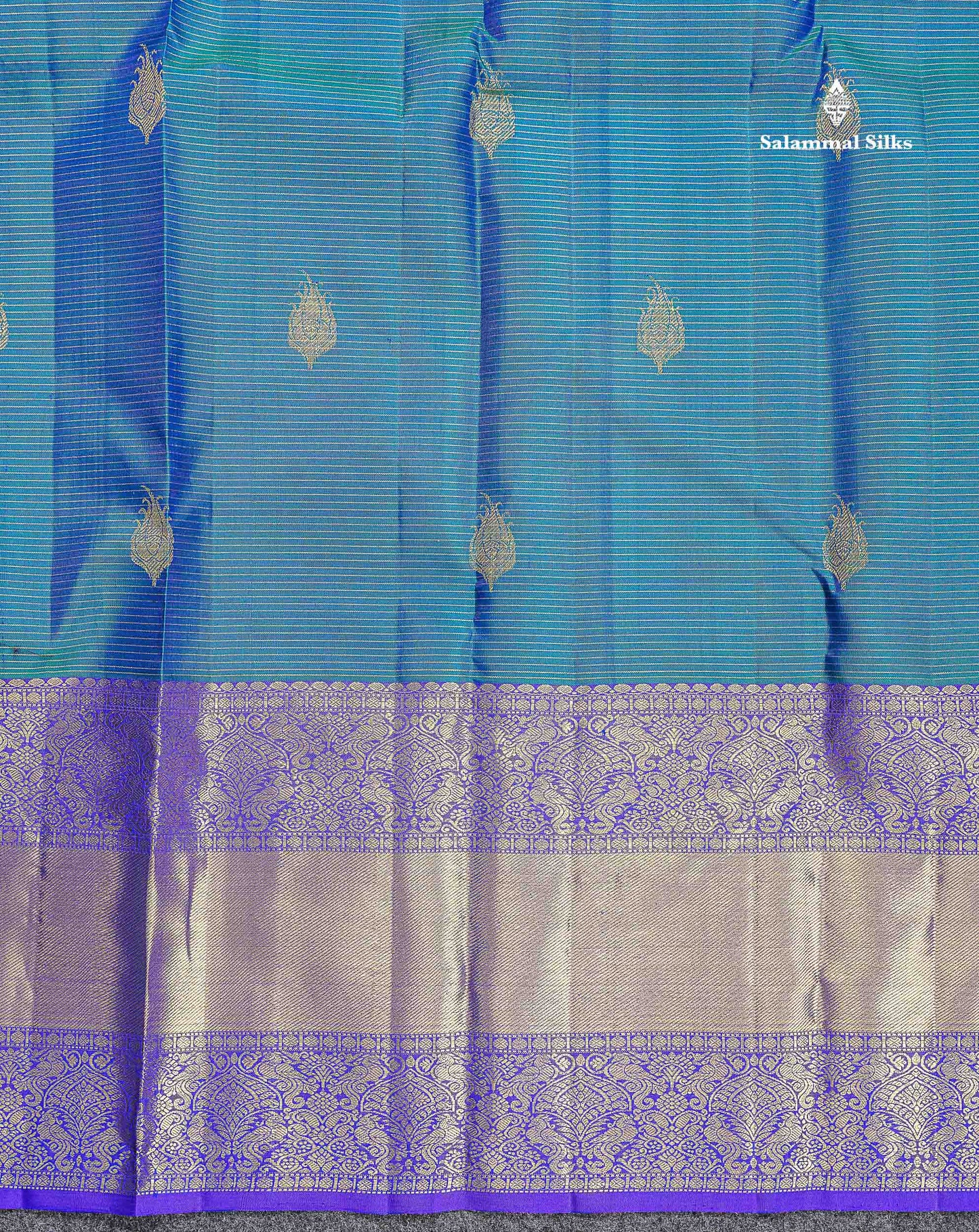 Pure Kanjivaram Silk Saree - Peacock Blue Colour Body Zari Lines With Butta & Contrast Violet Traditional Evening Morning Border