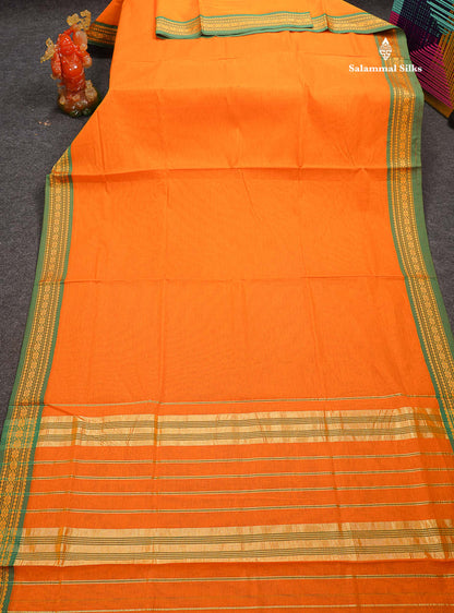 Beautiful Mango Yellow Plain Pure Cotton Saree With Contrast Dual Tone Green Traditional Border