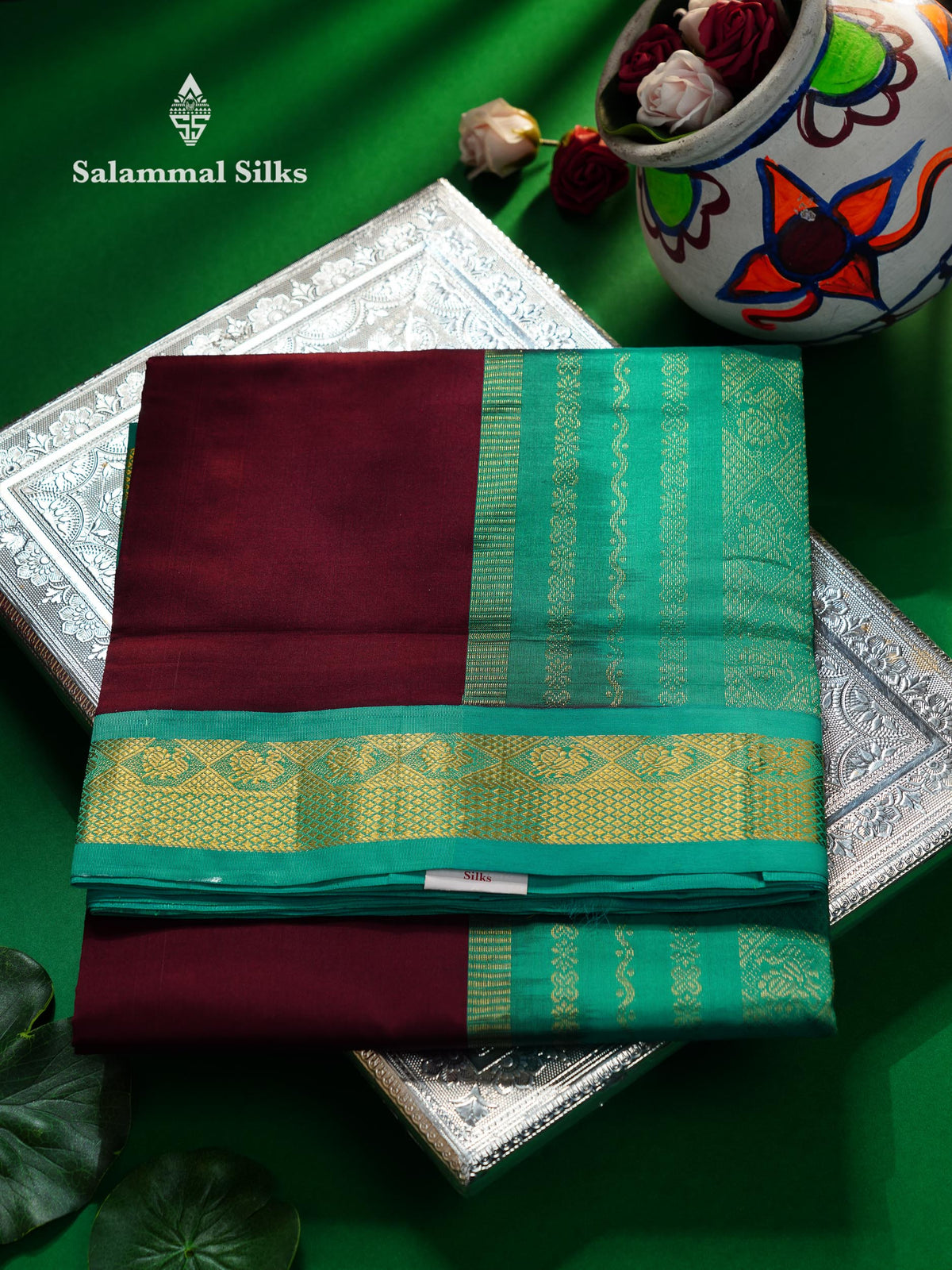 Beautiful Dark Maroon Plain 9 Yards Semi Silk Cotton Saree With Contrast Sapphire Green Traditional Border