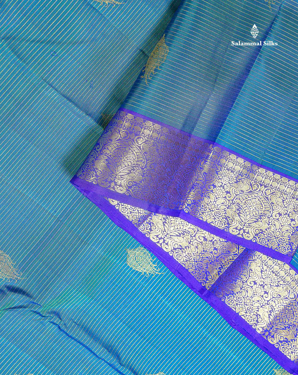 Pure Kanjivaram Silk Saree - Peacock Blue Colour Body Zari Lines With Butta & Contrast Violet Traditional Evening Morning Border