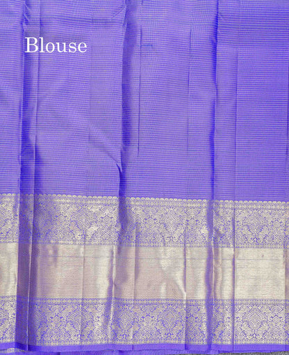 Pure Kanjivaram Silk Saree - Peacock Blue Colour Body Zari Lines With Butta & Contrast Violet Traditional Evening Morning Border