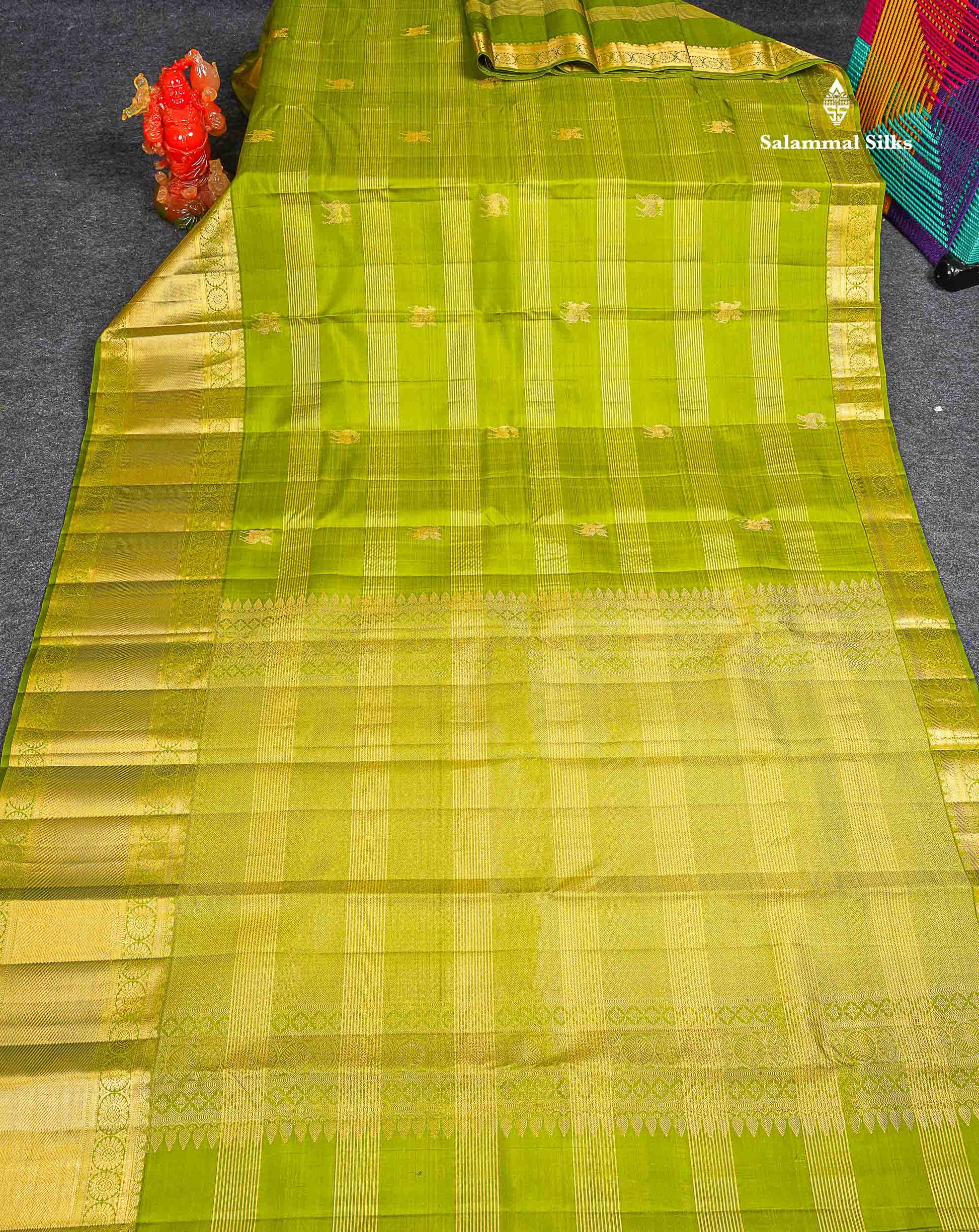 Pure Kanjivaram Silk Saree - Olive Green Colour Body Horizontal Zari Stripes With Evening Morning Border
